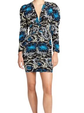 A.L.C. Black and Blue Floral V-Neck Mini Dress